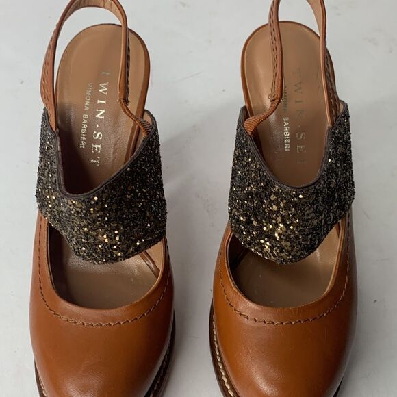 Twin-Set gold glitter tan leather platform pumps - Picture 4 of 10